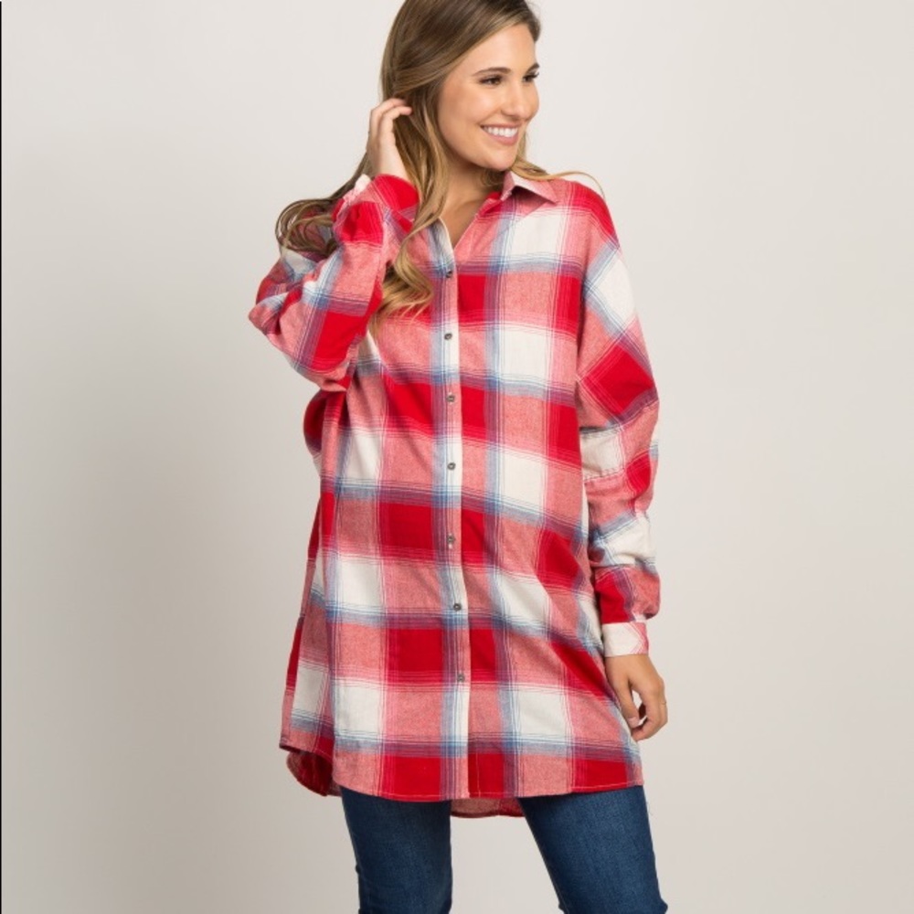 Pink Blush Maternity Small Red Plaid Button Up
